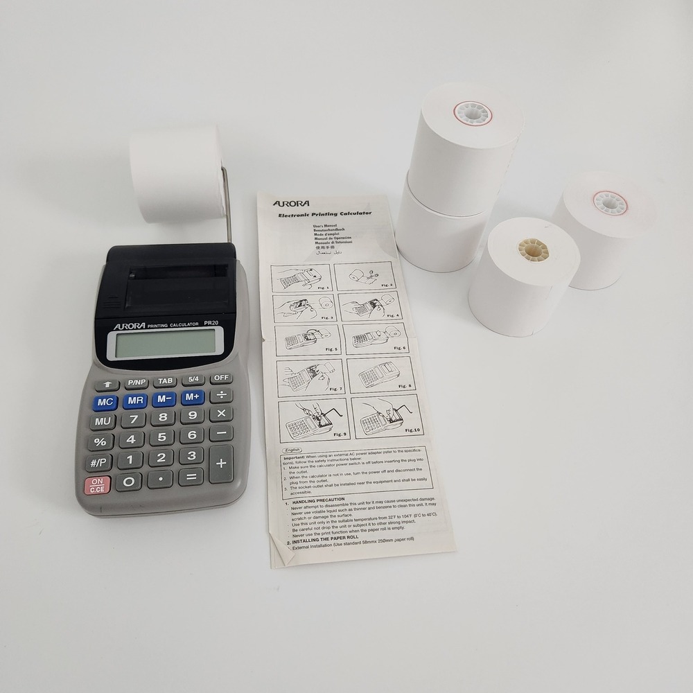Aurora PR20 Electronic Printing Calculator Gray 12-Digit LCD with 4 Paper Rolls